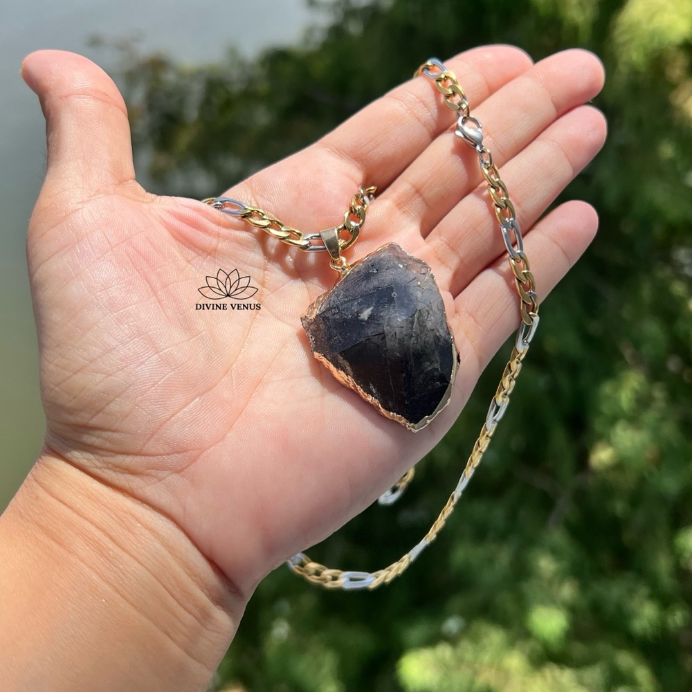 Tourmalinated Quartz Necklace - Black Tourmaline & Quartz Stainless Steel Chain